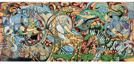 A colorful jigsaw puzzle titled 'The Painting of Life' by Liberty Puzzles. The artwork features an abstract composition of swirling shapes, intricate designs, and vibrant colors, depicting a blend of nature and fantasy elements, including birds, foliage, and flowing lines.