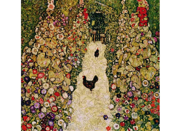 A detailed jigsaw puzzle illustration featuring a picturesque garden path surrounded by vibrant flowers and two black chickens walking along the path. This colorful artwork showcases various floral designs and greenery, inviting a serene and whimsical atmosphere.