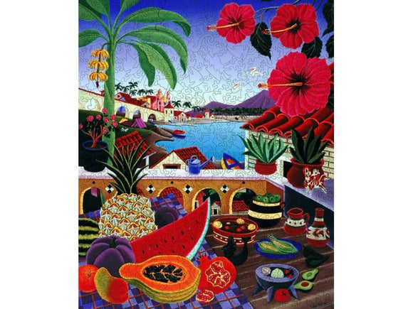 The La Paz jigsaw puzzle by Liberty Puzzles features a vibrant scene showcasing a tropical landscape with colorful fruits, flowers, and a picturesque view of a harbor. The intricate details include hibiscus flowers, an array of exotic fruits like watermelon and papaya, and quaint architecture, perfect for puzzle enthusiasts.