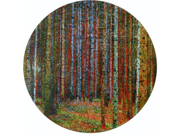 A round jigsaw puzzle featuring Tannenwald by Klimt. The image depicts a serene forest scene with tall, slender trees adorned in various shades of green, brown, and a pop of red. The intricate puzzle pieces reflect the natural patterns and colors of the artwork, adding an element of challenge and beauty to the puzzling experience.