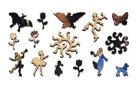 A collection of intricately crafted wooden jigsaw puzzle pieces inspired by the artwork 'Girl with a Pearl Earring', featuring various shapes like flowers, animals, and abstract designs. The pieces showcase a blend of natural wood tones and artistic finishes, offering a unique and engaging puzzle experience.