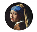 A round jigsaw puzzle featuring the famous painting 'Girl with a Pearl Earring' by Johannes Vermeer. The image showcases the young girl with a blue and yellow headscarf, turned slightly to her left, her captivating gaze directed toward the viewer. The puzzle pieces are intricately shaped, providing a unique challenge for puzzle enthusiasts.