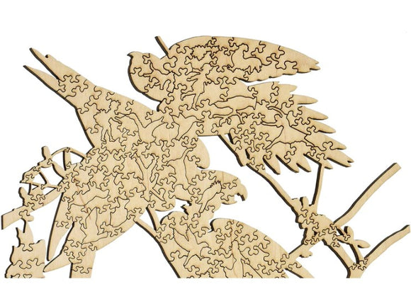 A wooden jigsaw puzzle depicting a Carolina Parakeet among lush leaves. The intricate laser-cut pieces showcase the fine details of the artwork, perfect for puzzle enthusiasts.