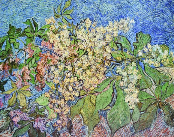 A vibrant jigsaw puzzle featuring blossoming chestnut branches with clusters of white and pink flowers set against a textured blue background. The intricate design and colorful details provide a captivating image, perfect for puzzle enthusiasts.