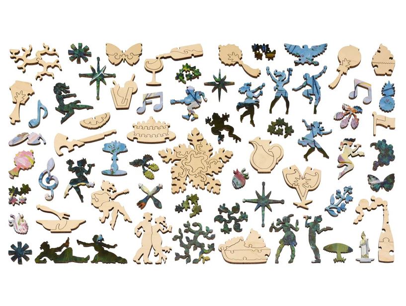 A colorful collection of intricately designed jigsaw puzzle pieces featuring various shapes including musical notes, dancers, flowers, and nature elements, crafted by Liberty Puzzles. The pieces are made of wood and exhibit a playful and artistic style, perfect for puzzle enthusiasts.