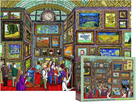 A vibrant jigsaw puzzle featuring a whimsical illustration of the Musée d'Orsay, showcasing famous Van Gogh paintings in ornate frames. The scene depicts art enthusiasts exploring the gallery, with colorful depictions of artwork such as 'Starry Night' and 'Irises.' The puzzle box is displayed in the foreground, emphasizing its artistic theme.