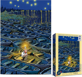 A jigsaw puzzle titled 'The Night Boats' from Antalope Puzzles. The illustration features a serene nighttime scene with numerous wooden boats on a reflective water surface, illuminated by glowing stars and lamp lights. A solitary figure, dressed in white with a wide-brimmed hat, sits in one of the boats, adding a whimsical atmosphere to the artwork. The puzzle box displays the same enchanting design, showcasing vibrant colors and intricate details.