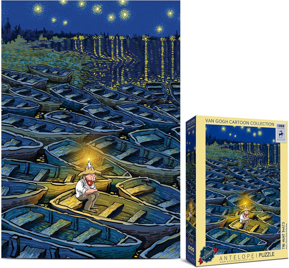A jigsaw puzzle titled 'The Night Boats' from Antalope Puzzles. The illustration features a serene nighttime scene with numerous wooden boats on a reflective water surface, illuminated by glowing stars and lamp lights. A solitary figure, dressed in white with a wide-brimmed hat, sits in one of the boats, adding a whimsical atmosphere to the artwork. The puzzle box displays the same enchanting design, showcasing vibrant colors and intricate details.