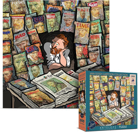 A whimsical jigsaw puzzle featuring a cartoon character resembling Vincent van Gogh sitting at a cluttered desk surrounded by magazines, all showcasing covers depicting his art. The puzzle box displays the title 'Van Gogh Cartoon Collection' along with the Antalope Puzzles logo, and contains 1000 pieces.
