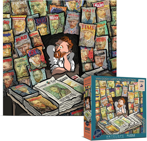 A whimsical jigsaw puzzle featuring a cartoon character resembling Vincent van Gogh sitting at a cluttered desk surrounded by magazines, all showcasing covers depicting his art. The puzzle box displays the title 'Van Gogh Cartoon Collection' along with the Antalope Puzzles logo, and contains 1000 pieces.