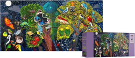A colorful jigsaw puzzle titled 'Midsummer Night Dreams' by Antalope Puzzles featuring an intricate illustration of vibrant trees and various birds under a starry night sky. The box displayed shows the puzzle's artwork, promising a challenge and a delightful experience for puzzle enthusiasts.