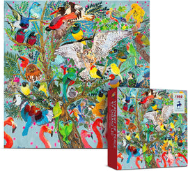 The 'Symphony of Peace' jigsaw puzzle features a vibrant illustration filled with various colorful birds perched among lush greenery and flowers. The artwork showcases a variety of species including owls, flamingos, and songbirds in an intricate arrangement, inviting creativity and tranquility. The box displays the same captivating design and is labeled with '1000 pieces'.