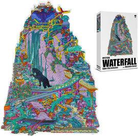 The Mystical Waterfall jigsaw puzzle by Antalope Puzzles features a vibrant, intricate scene with a majestic waterfall cascading through a colorful cyber city. A black panther sits amidst lush flora, surrounded by stylized buildings and fantastical elements, making it a captivating challenge for puzzle enthusiasts.