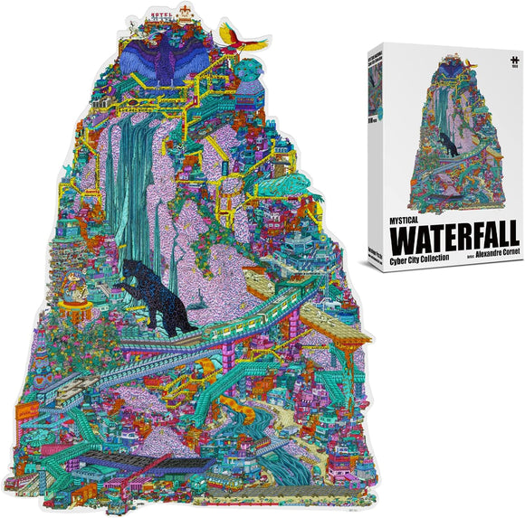 The Mystical Waterfall jigsaw puzzle by Antalope Puzzles features a vibrant, intricate scene with a majestic waterfall cascading through a colorful cyber city. A black panther sits amidst lush flora, surrounded by stylized buildings and fantastical elements, making it a captivating challenge for puzzle enthusiasts.