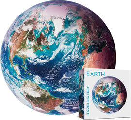 A beautifully designed jigsaw puzzle featuring a detailed image of Earth, showcasing vibrant blues, greens, and brown tones. The puzzle is partially assembled, standing next to its packaging that highlights the Earth image. The box design includes the title 'Earth Antelope Puzzle' in a modern font, making it visually appealing for puzzle enthusiasts.