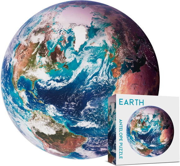 A beautifully designed jigsaw puzzle featuring a detailed image of Earth, showcasing vibrant blues, greens, and brown tones. The puzzle is partially assembled, standing next to its packaging that highlights the Earth image. The box design includes the title 'Earth Antelope Puzzle' in a modern font, making it visually appealing for puzzle enthusiasts.