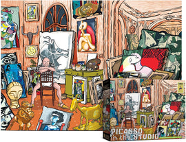 A vibrant jigsaw puzzle depicting Pablo Picasso in his eclectic studio filled with colorful artworks, sculptures, and art materials. The puzzle box showcases an illustration of Picasso seated in the center of a creatively chaotic environment, surrounded by his unique artistic creations, ideal for both art lovers and puzzle enthusiasts.