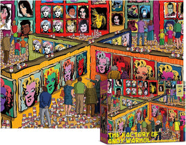 A vibrant jigsaw puzzle depicting a lively scene at 'The Factory of Andy Warhol.' The image shows various iconic Warhol artworks on the walls, with people admiring the art and surrounded by cans of soup, reflecting Warhol's famous pop art style. The puzzle box features the same colorful illustration and notes that it contains 1000 pieces.