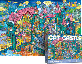 Colorful jigsaw puzzle titled 'Cat Castle' by Antelope Puzzles. The image features a whimsical castle filled with cats and vibrant scenes, showcasing various rooms, outdoor activities, and playful cats engaging in different adventures. The puzzle design includes intricate details, bright colors, and charming illustrations that create an enchanting and fun experience for puzzle enthusiasts.