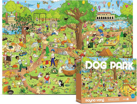 A vibrant jigsaw puzzle titled 'Dog Park' featuring a lively scene filled with various dogs and people enjoying activities in a park. There are swings, a water fountain, picnic spots, and playful interactions between dogs and their owners. The background features trees, colorful balloons, and a lively atmosphere perfect for dog lovers. The puzzle box is also visible, highlighting the title and puzzle image.