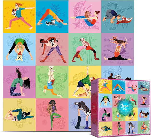 A colorful jigsaw puzzle titled 'Yoga Dog' by Antalope Puzzles featuring various illustrations of people practicing yoga poses with dogs in a vibrant grid layout. The puzzle box shows similar images and contains 500 pieces.