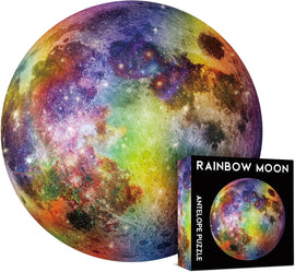 The Rainbow Moon Round Puzzle features a vibrant, multicolored depiction of the moon with swirls of galaxies and stars. The box displays the same colorful moon design, emphasizing its artistic and captivating nature, making it perfect for puzzle enthusiasts.