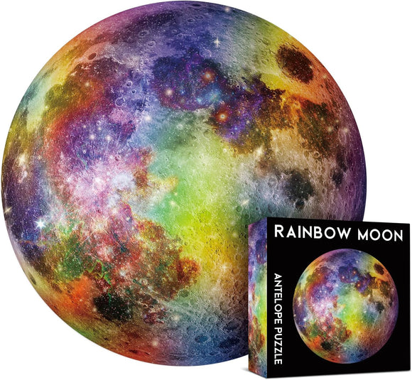 The Rainbow Moon Round Puzzle features a vibrant, multicolored depiction of the moon with swirls of galaxies and stars. The box displays the same colorful moon design, emphasizing its artistic and captivating nature, making it perfect for puzzle enthusiasts.