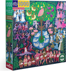 A colorful jigsaw puzzle titled '12 Days of Christmas' by Eeboo, featuring a vibrant illustration of people, animals, and trees. The design includes figures dancing, playing drums, and nature elements like birds and flowers, inviting a festive holiday spirit. The puzzle comes in a box displaying the piece count and art style, appealing for family gatherings and seasonal fun.