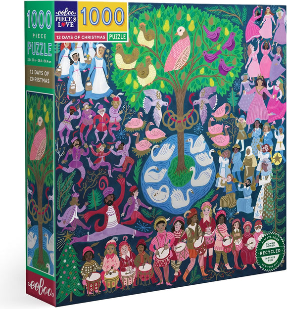 A colorful jigsaw puzzle titled '12 Days of Christmas' by Eeboo, featuring a vibrant illustration of people, animals, and trees. The design includes figures dancing, playing drums, and nature elements like birds and flowers, inviting a festive holiday spirit. The puzzle comes in a box displaying the piece count and art style, appealing for family gatherings and seasonal fun.