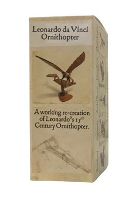 The Mini Ornithopter by Pathfinders is a DIY kit featuring a miniature model of Leonardo da Vinci's 15th-century ornithopter. The box showcases the intricately designed model with wings, illustrating its working mechanisms.