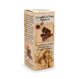 Mini - the Bombard by Pathfinders is a DIY kit that allows you to recreate Leonardo da Vinci's 15th-century bombard. The kit showcases a detailed wooden model of the cannon that launches small projectiles, featuring illustrations of the design and historical context on the packaging.