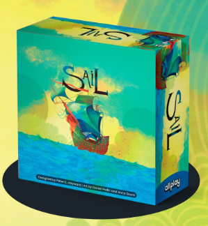 The product is a colorful board game titled 'Sail' made by Allplay. The box features a vibrant illustration of a sailboat navigating through waves, with a bright blue and green background, creating an inviting and playful atmosphere.
