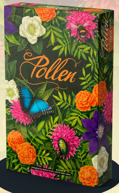 The game 'Pollen' by Allplay is beautifully packaged in a colorful box featuring vibrant floral designs including marigolds, pink asters, and a striking blue butterfly. The title 'Pollen' is elegantly scripted in orange. The box also includes the names of the designer, Reiner Knizia, and the artist, Beth Sobel.