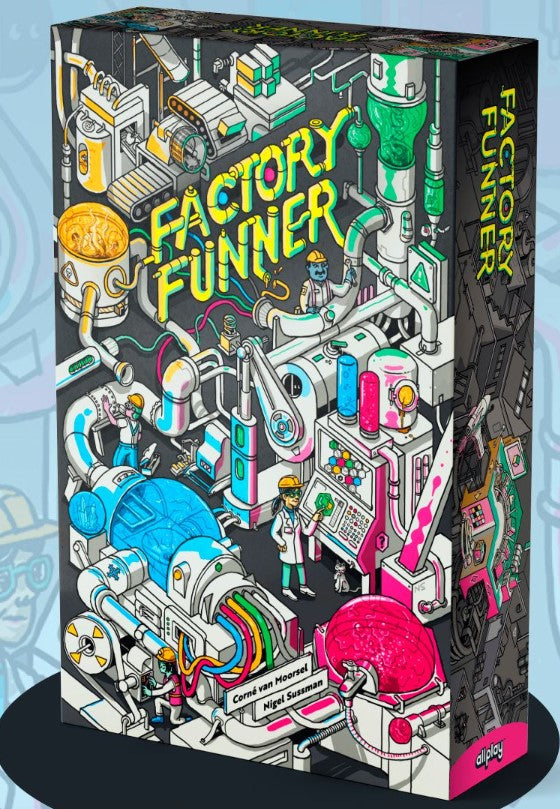 Factory Funner board game by Allplay featuring a vibrant, illustrated box design. The artwork showcases a whimsical factory scene with colorful pipes, beakers, and playful characters engaged in experiments, ideal for family fun and interactive gameplay.
