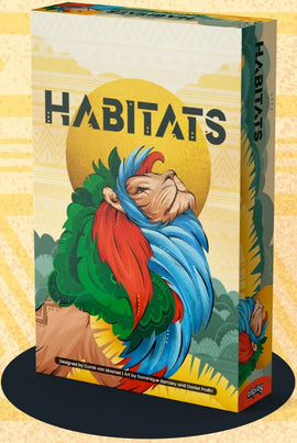 The Habitats game box by Allplay features vibrant artwork of a wise-looking creature adorned with colorful feathers, surrounded by a stylized sun and patterns reminiscent of nature, inviting players into an engaging gaming experience.