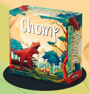 Chomp game by Allplay featuring vibrant artwork of a T-Rex in a prehistoric forest setting. The box showcases the game's title prominently along with colorful illustrations that capture the playful theme.