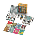 The game 'Fiction' by Allplay features a colorful box with artistic designs. It includes game cards with classic literature titles, a scoreboard, pens, and playing tokens. The components are arranged neatly, showcasing a mix of game elements designed for interactive play.