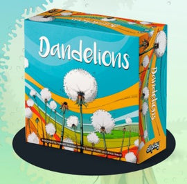 The Dandelions game by Allplay is beautifully packaged, featuring a vibrant illustration of dandelion flowers against a colorful background of green fields and blue skies. The box design showcases white dandelion puffballs, emphasizing a playful and nature-inspired theme, ideal for family fun and gathering.