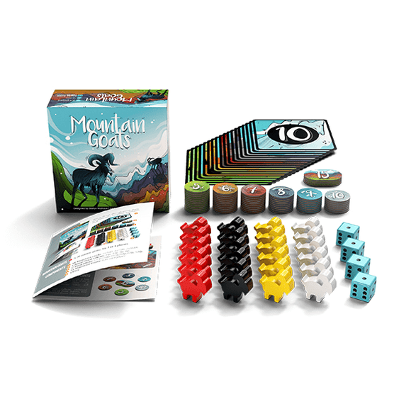 Mountain Goats board game by Allplay featuring colorful cards, goat-shaped player pieces in red, black, yellow, and white, dice, scoring tokens, and a rule booklet. The box art depicts a scenic mountain landscape with goats.