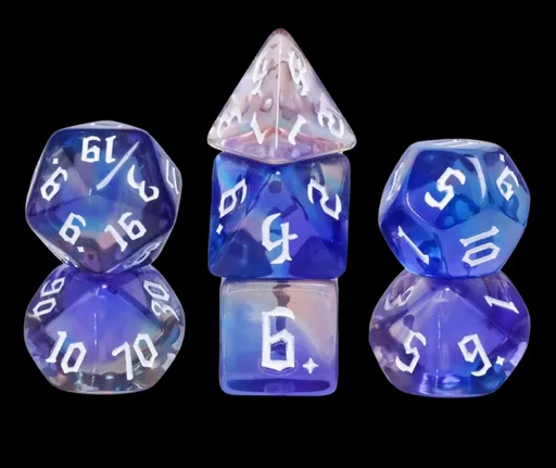 A Glimmer Night RPG Dice Set featuring a variety of polyhedral dice in stunning shades of blue and purple. The set includes a D20, D12, D10, D8, D6, and D4, each adorned with white engraved numbers for easy readability. The translucent and glittery finish adds a magical touch, perfect for tabletop RPG enthusiasts.