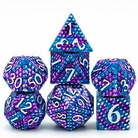 A set of five metal RPG dice designed to resemble dragon scales. The dice feature a vibrant blue and purple color scheme with large white numbers, ideal for tabletop gaming. The set includes various shapes like a tetrahedron, cube, and others, showcasing intricate details that mimic the texture of dragon scales.