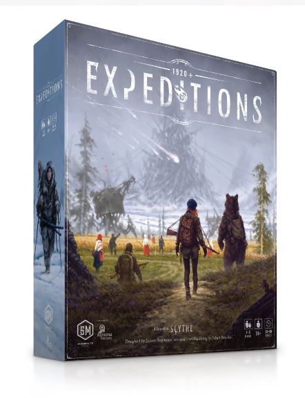 Expeditions board game by Stonemaier Games features an illustrated box cover showcasing a group of adventurers in a snowy landscape, accompanied by a bear and mystical creatures in the distance, signifying exploration and adventure.