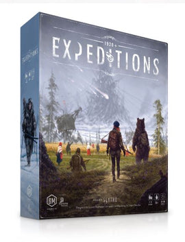 Expeditions board game by Stonemaier Games features an illustrated box cover showcasing a group of adventurers in a snowy landscape, accompanied by a bear and mystical creatures in the distance, signifying exploration and adventure.