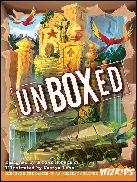 The game 'Unboxed' by WizKids features vibrant artwork depicting an ancient culture with colorful birds flying around. The cover shows a mysterious temple-like structure filled with rich details, inviting players to discover hidden games. Designed by Jordan Sorenson and illustrated by Nastya Lehn, the game's aesthetic captures a playful yet adventurous spirit.