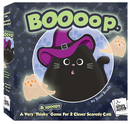 The game box for BOOoop., a fun and engaging board game by Smirk & Dagger. The design features a cartoonish black cat wearing a purple witch hat, surrounded by playful ghost figures. The vivid colors and whimsical illustrations create an inviting atmosphere for a spooky game night with friends. The tagline reads, 'A Very 'Thinky' Game For 2 Clever Scaredy Cats,' hinting at strategic gameplay that challenges players to think critically while enjoying a light-hearted theme.