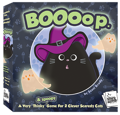 The game box for BOOoop., a fun and engaging board game by Smirk & Dagger. The design features a cartoonish black cat wearing a purple witch hat, surrounded by playful ghost figures. The vivid colors and whimsical illustrations create an inviting atmosphere for a spooky game night with friends. The tagline reads, 'A Very 'Thinky' Game For 2 Clever Scaredy Cats,' hinting at strategic gameplay that challenges players to think critically while enjoying a light-hearted theme.