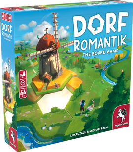 Dorfromantik board game box featuring a whimsical landscape with a prominent windmill, vibrant green fields, and colorful houses. The game is suitable for 1-6 players, ages 8 and up, with a playtime of 30-60 minutes. Designed by Lukas Zach and Michael Palm, this game focuses on strategy and creativity, perfect for family game nights.
