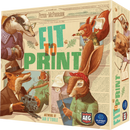 The game 'Fit to Print' features a colorful box design with anthropomorphic animal characters engaged in various activities. A clever fox with a camera, a rabbit holding a notepad, and a badger wearing glasses are depicted among nature-themed elements. The title is prominently displayed in bold green letters, hinting at a fun and creative adventure in the world of journalism and storytelling.