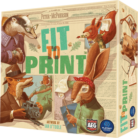 The game 'Fit to Print' features a colorful box design with anthropomorphic animal characters engaged in various activities. A clever fox with a camera, a rabbit holding a notepad, and a badger wearing glasses are depicted among nature-themed elements. The title is prominently displayed in bold green letters, hinting at a fun and creative adventure in the world of journalism and storytelling.