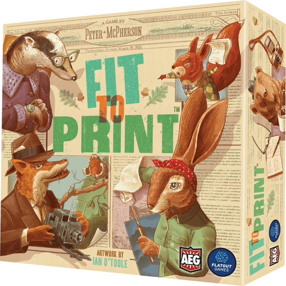 The game 'Fit to Print' features a colorful box design with anthropomorphic animal characters engaged in various activities. A clever fox with a camera, a rabbit holding a notepad, and a badger wearing glasses are depicted among nature-themed elements. The title is prominently displayed in bold green letters, hinting at a fun and creative adventure in the world of journalism and storytelling.